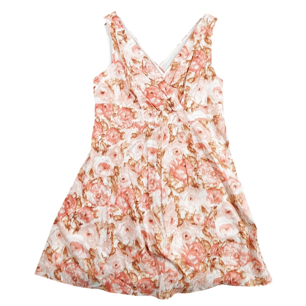 Lands' End Dress Womens 18 Peach Floral Cotton Sleeveless V-Neck Fit & Flare